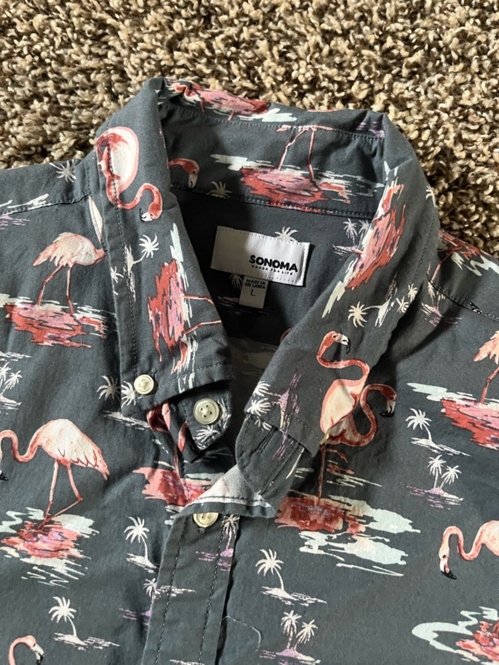 Sonoma Men's Short Sleeve Button Down Flamingo Tropical Print Large